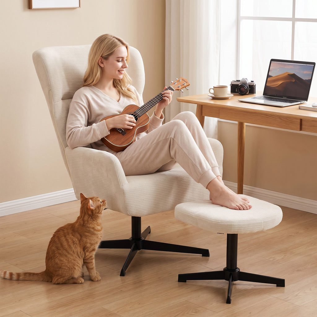 360° drehbarer Loungesessel mit Hocker, höhenverstellbar, Chenille-Bezug, mit Lendenkissen, Cremeweiß