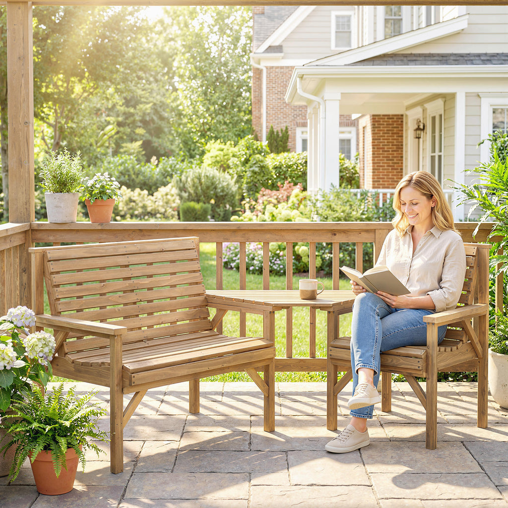 Wooden Garden Furniture Set , 1 Chair, 1 Bench and Detachable Table, Natural Wood Finish