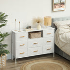 Kommode, Aufbewahrungsschrank mit 8 Schubladen aus Stoff, Steckdosenleiste, Stahlrahmen, Schubladenschrank f¨¹r Flur, Schlafzimmer, Wohnzimmer und B¨¹ro, Cremewei?