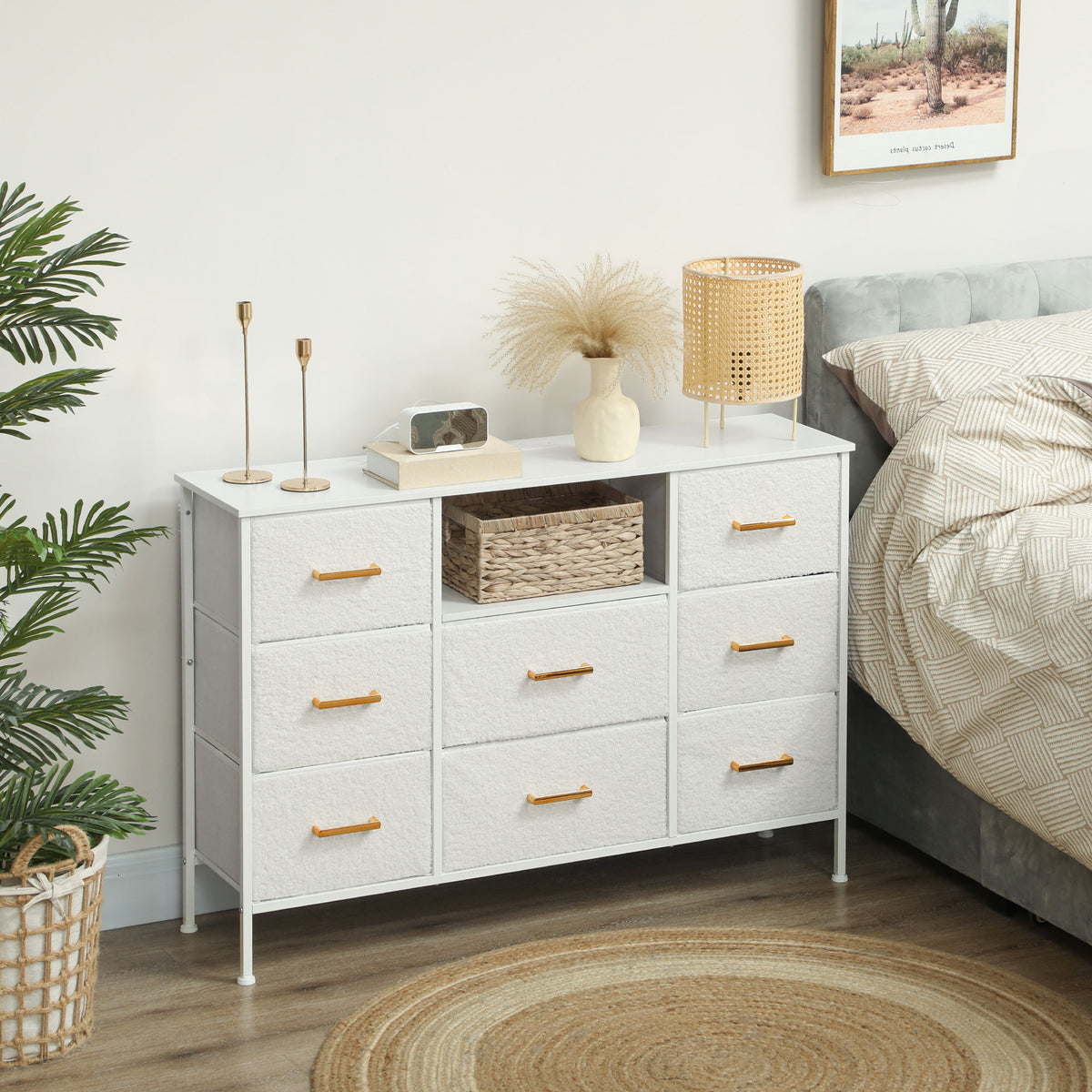 Kommode, Aufbewahrungsschrank mit 8 Schubladen aus Stoff, Steckdosenleiste, Stahlrahmen, Schubladenschrank f¨¹r Flur, Schlafzimmer, Wohnzimmer und B¨¹ro, Cremewei?