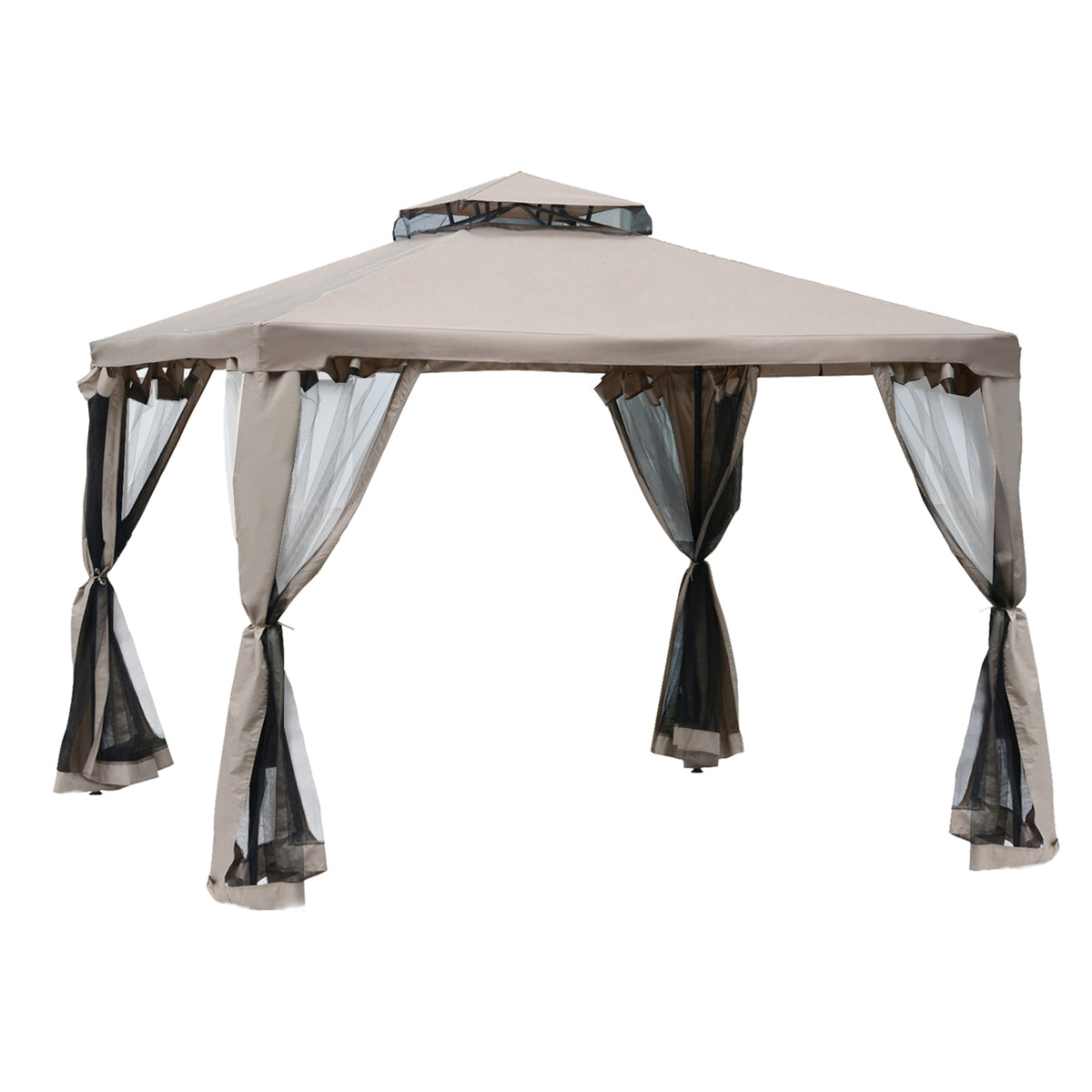  Outdoor Gazebo, 2-tier Roof with Netting, 295L x 295W x 263Hcm-Taupe
