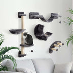 Four-Piece Cat Wall Furniture, with Hammock, Ladder, Platforms, Steps, for Indoor Use - Dark Grey