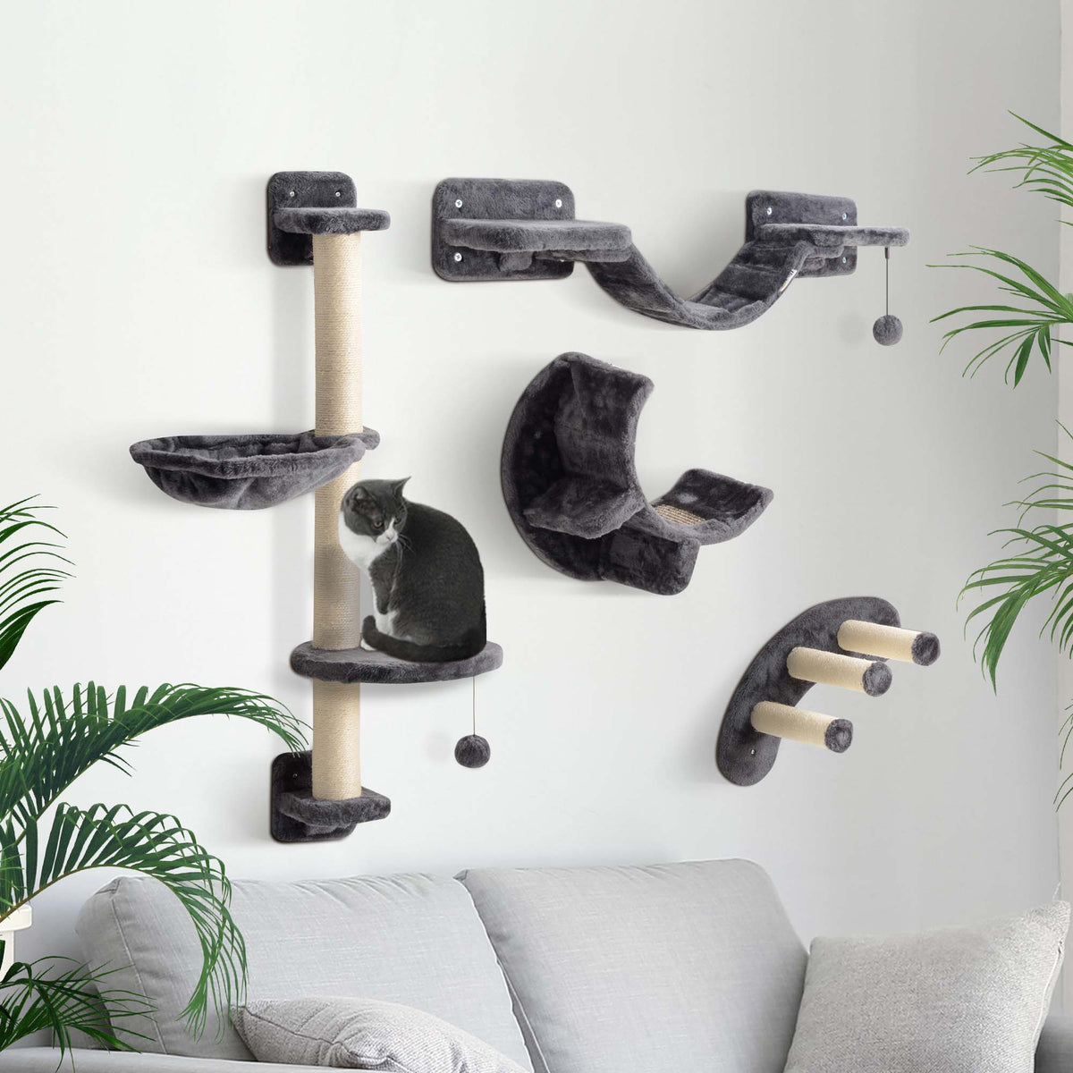 Four-Piece Cat Wall Furniture, with Hammock, Ladder, Platforms, Steps, for Indoor Use - Dark Grey