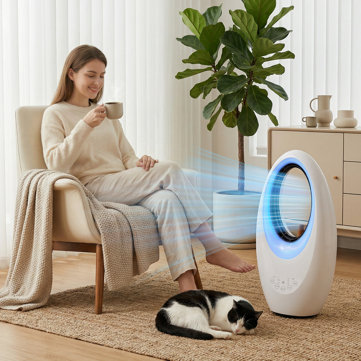 Turmventilator ohne Rotorblätter leiser Ventilator mit 60° Oszillation, LED-Beleuchtung, 3 Geschwindigkeiten, 7,5H-Timer