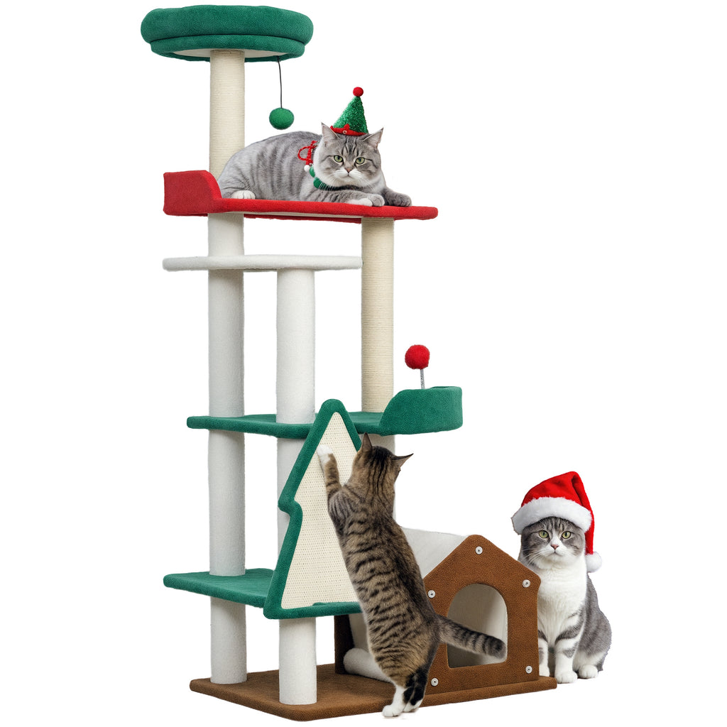135 cm Katzenkratzbaum in Weihnachtsfarben mit Katzenbett, Katzenhaus, Kratzpfosten, Sprungplattformen, Spielzeugbällen