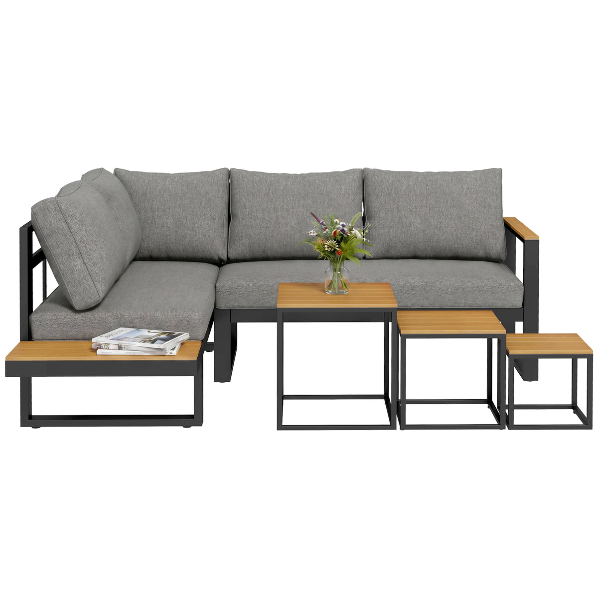 Outdoorsitzgruppe 5-teiliges Loungem?belsicht Gartenm?belset, 148 cm x 61 cm x 71,5 cm, Grau + Natur