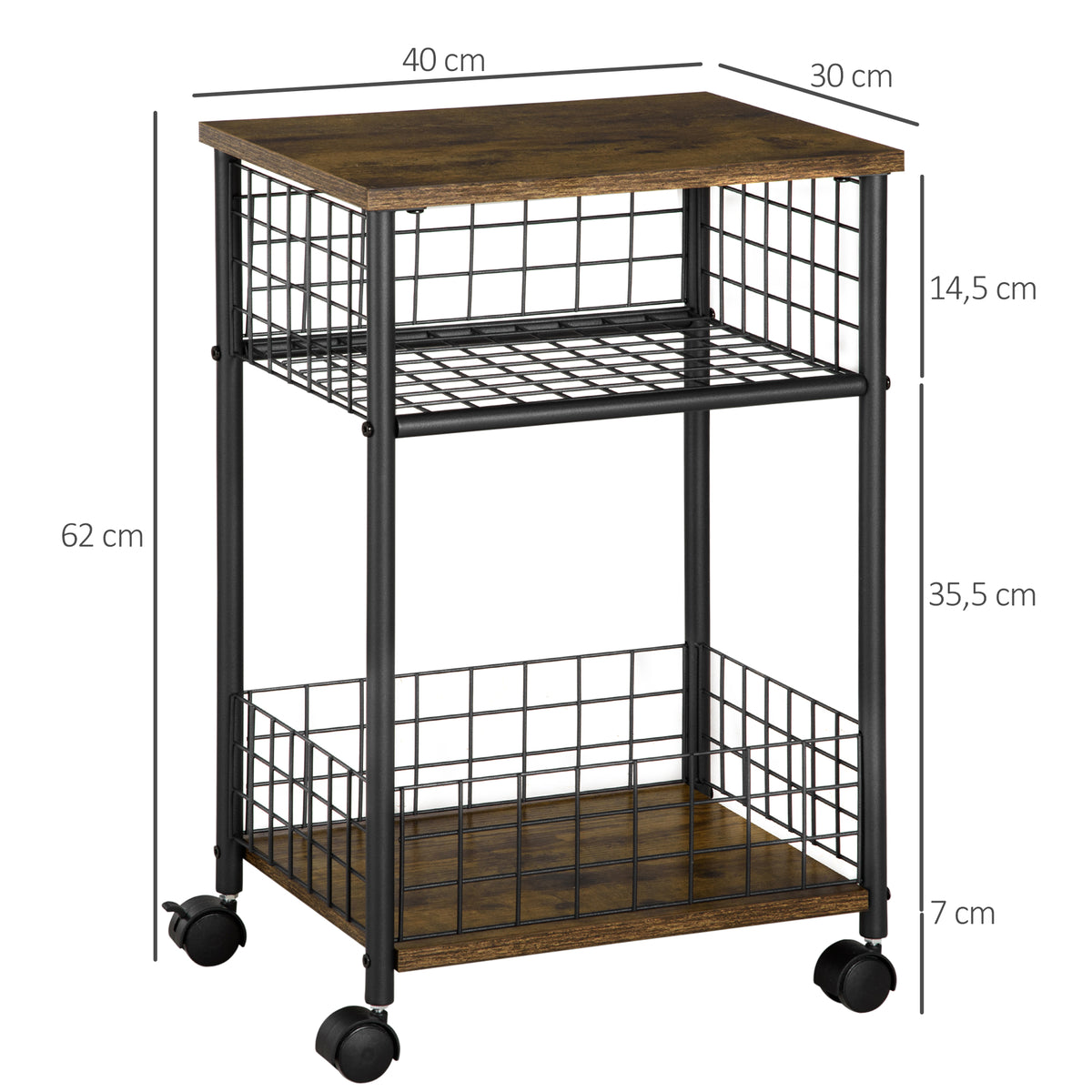 K¨¹chenwagen im Industriedesign 1 Regal 1 Aufbewahrungskorb 4 R?der 40 cm x 30 cm x 62 cm Stahl Schwarz + Braun