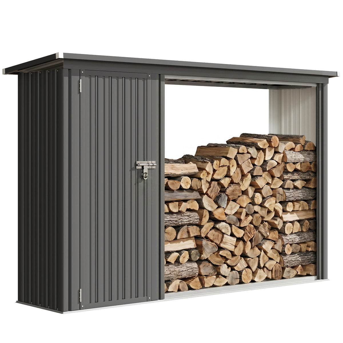 2-in-1 Kaminholzregal Außen verzinkter Stahl 235 x 67 x 149 cm Brennholzregal mit Geräteschrank Schrägdach Dunkelgrau
