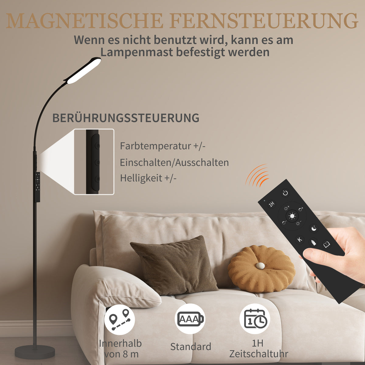 LED Stehlampe Dimmbar, Fernbedienung, 360° Schwanenhals, Schwarz