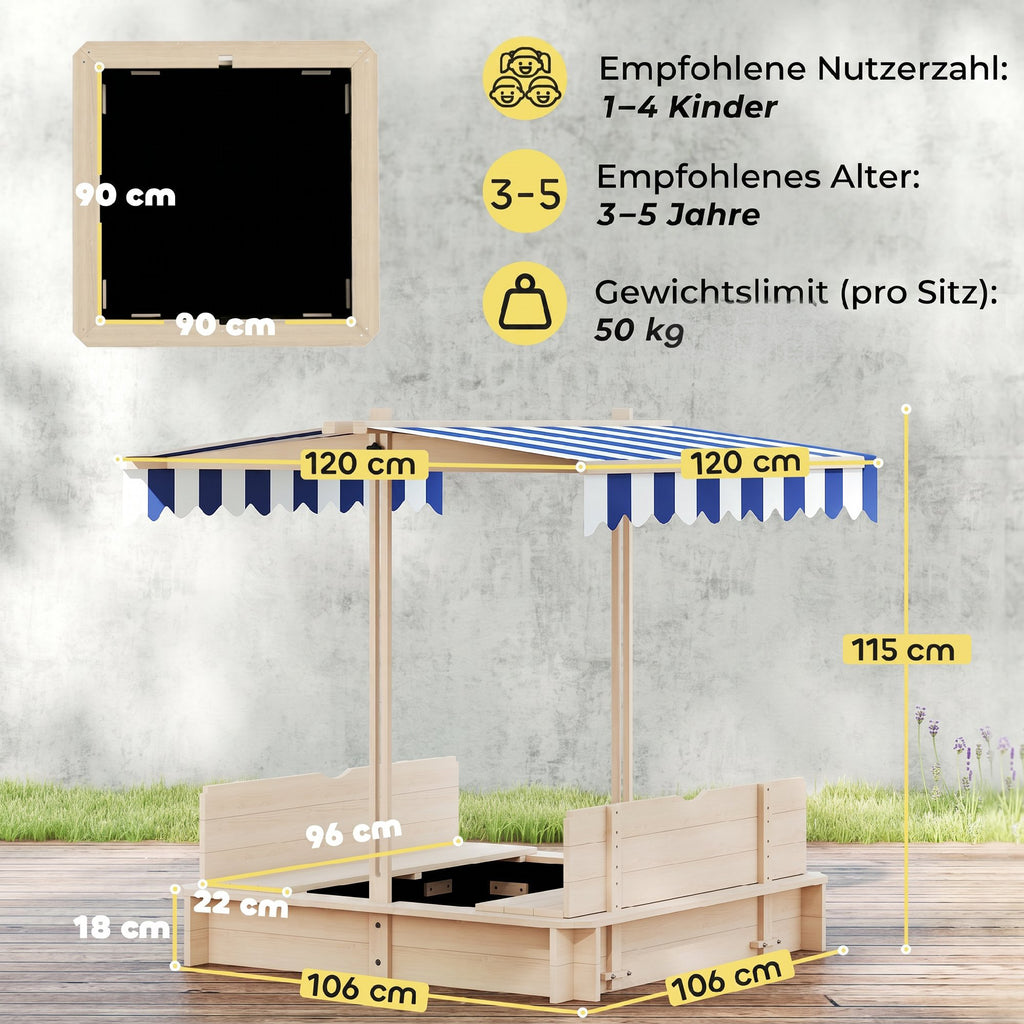 Sandkasten Kinder 106x106 cm Höhenverstellbar Abdeckung Blau