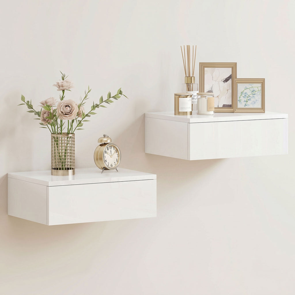 Floating Bedside Table Set of 2, Wall-Mounted Nightstand with High Gloss Finish & Storage Drawer, White