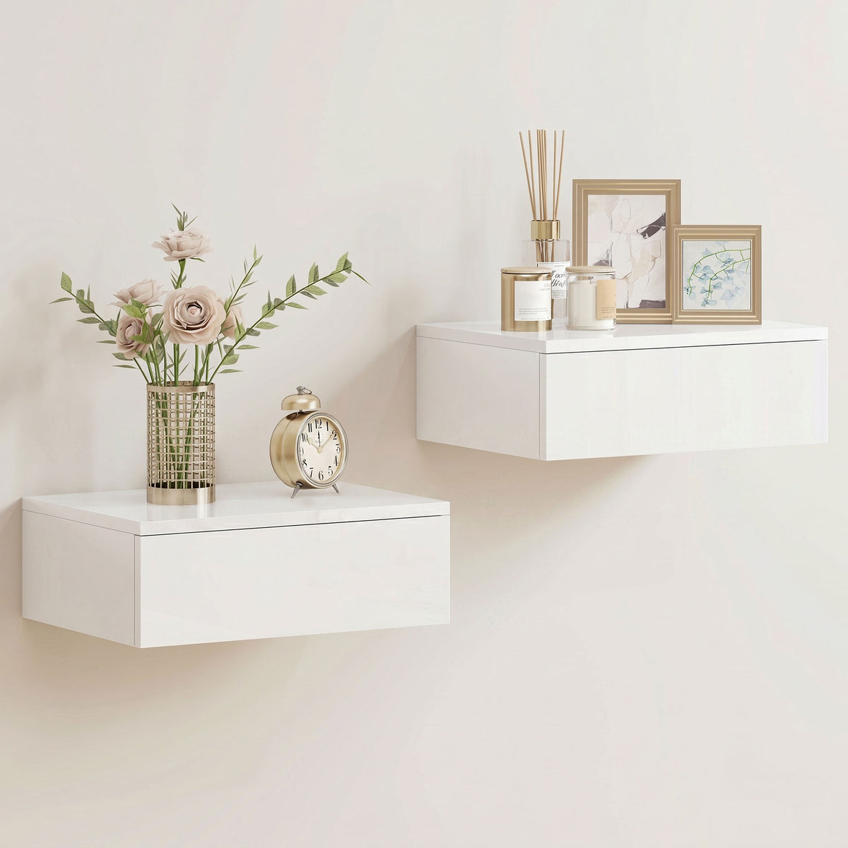 Floating Bedside Table Set of 2, Wall-Mounted Nightstand with High Gloss Finish & Storage Drawer, White