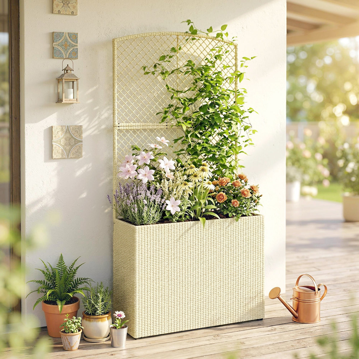 Hochbeet mit Rankgitter in Rattan-Optik Pflanzkasten für Kletterpflanzen für Garten, Balkon, 80 x 30 x 163 cm, Beige