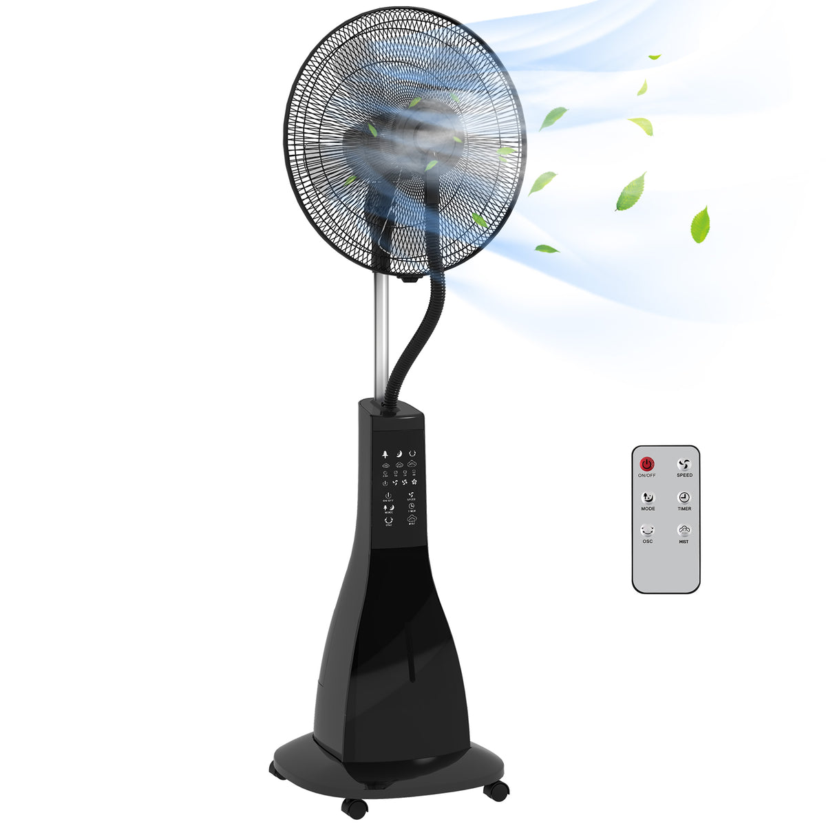 Standventilator mit Luftbefeuchtung, leise, mobil, Fernsteuerung, Schwarz
