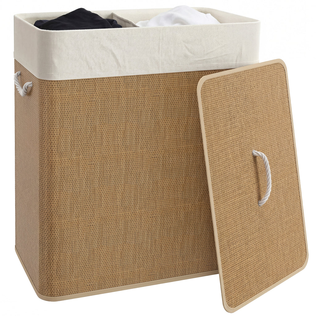 2 Section Laundry Basket with Lid, 100L Bamboo Laundry Hamper with Handles, Removable and Washable Liner, Brown