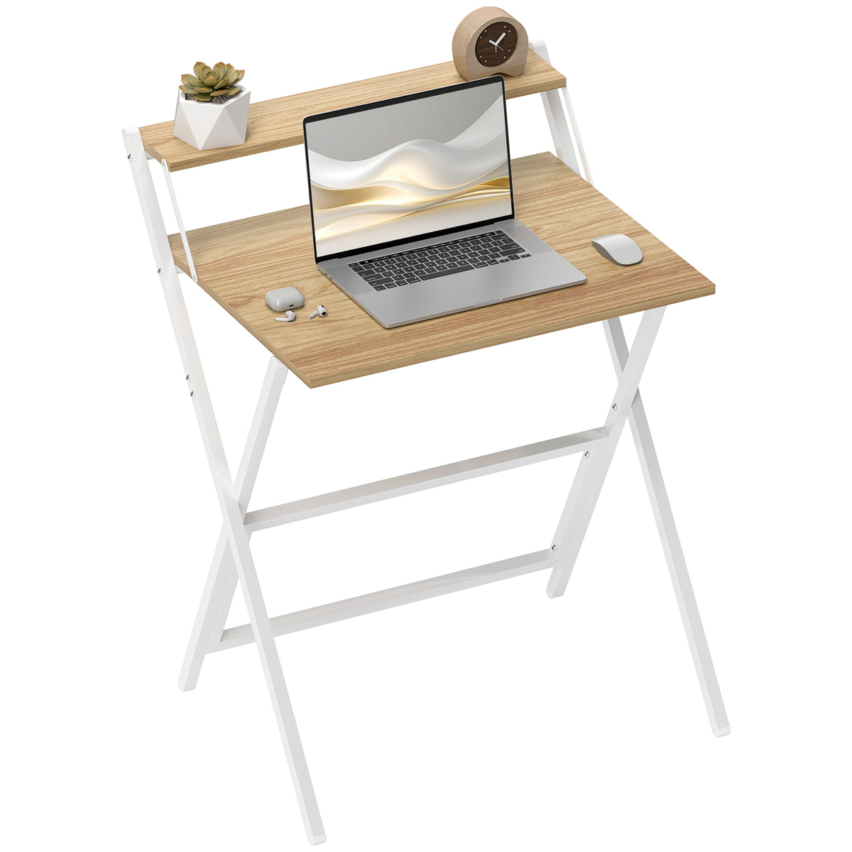 70 cm Folding Computer Desk with Monitor Shelf - Natural Wood Finish