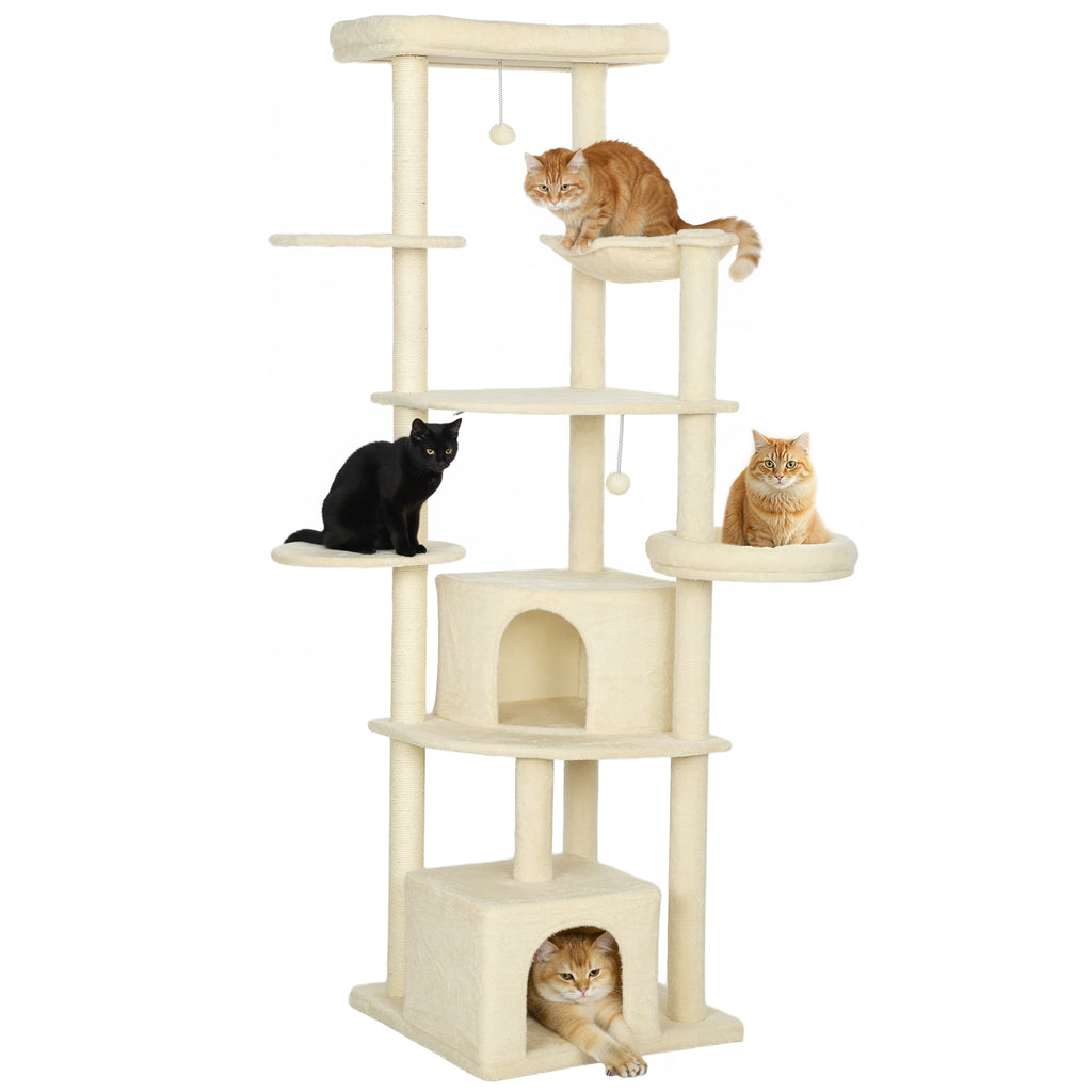 2 Meter hoher Kratzbaum Große für 2-3 Katzen, Kratzpfosten, Höhlen, Hängematte, Verstecke, mehrstöckiges Design, Sisal, Holz, Plüsch, Beige