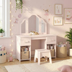 Kids Dressing Table, Kids Vanity Table and Chair Set with Tri-Folding Mirror, 2 Drawers, 2 Cabinets for Girls 3+, Pink