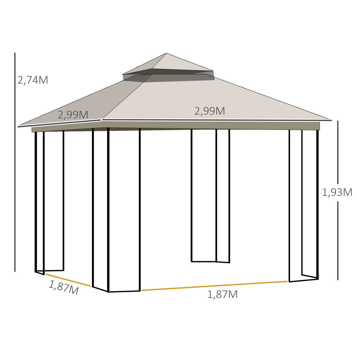 Gartenpavillon mit Doppeldach Pavillon Gartenzelt Festzelt Partyzelt mit 4 x Seitenwand Metall+Polyester Beige 2,99 x 2,99 x 2,74 m