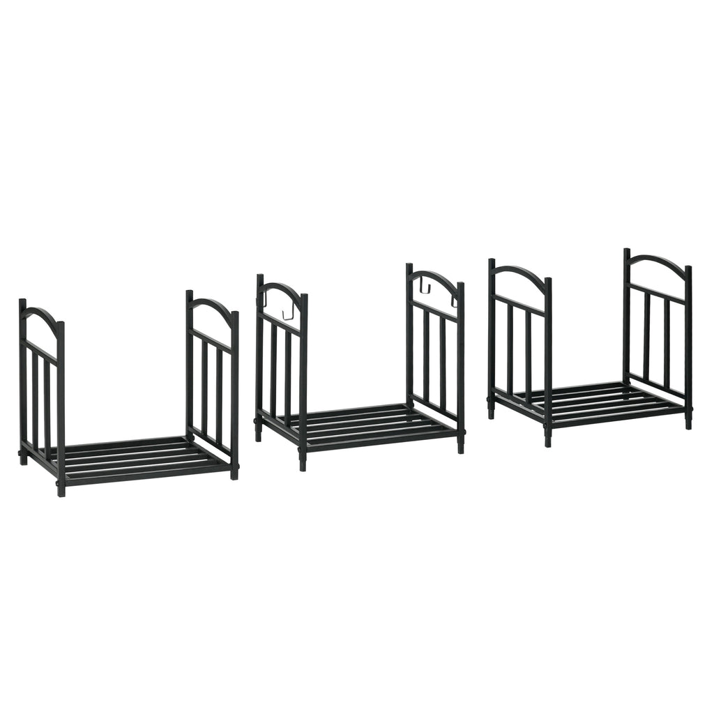 Kaminholzregal für innen 46 x 32 x 126 cm 3 Ebenen Brennholzregal mit 4 Haken Metall Schwarz