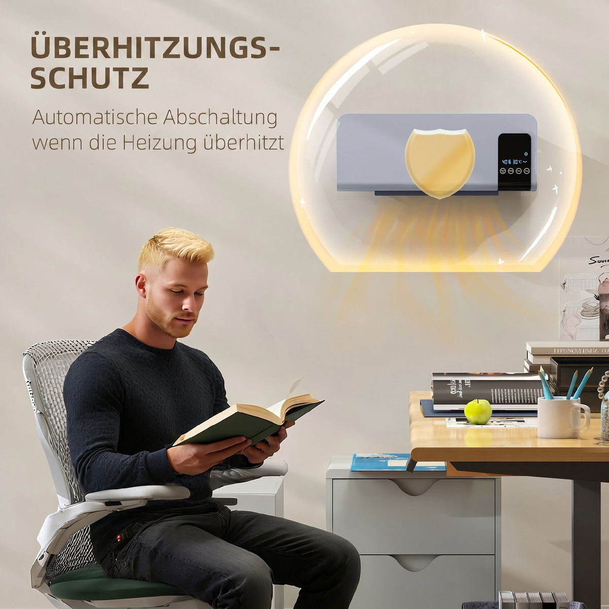 Elektro-Heizung, Wandmontage, Schwingfunktion, 2 Modi, Timer, LED-Anzeige, Grau