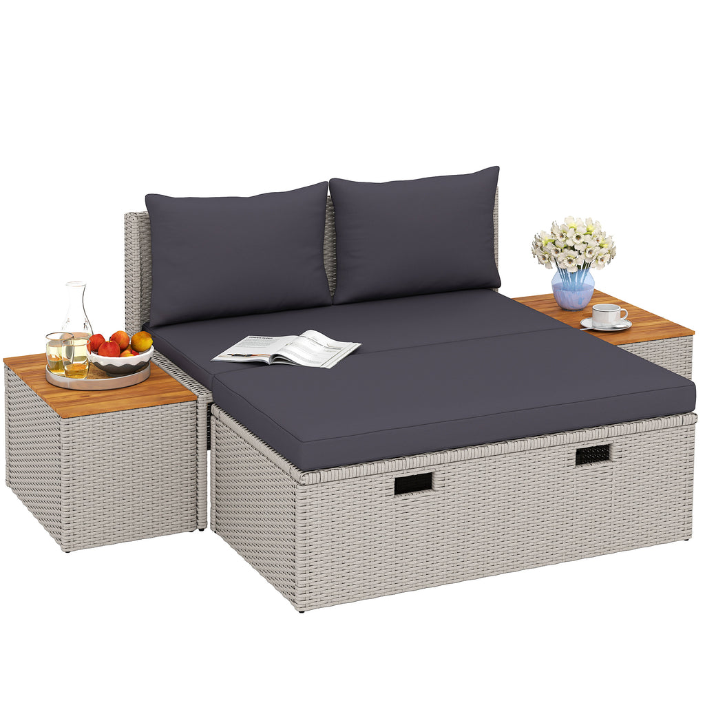 Polyrattan Sonnenliege für 2 Personen Doppelliege mit Fußhocker Stauraum Auflagen 125x114x72,5 cm Grau