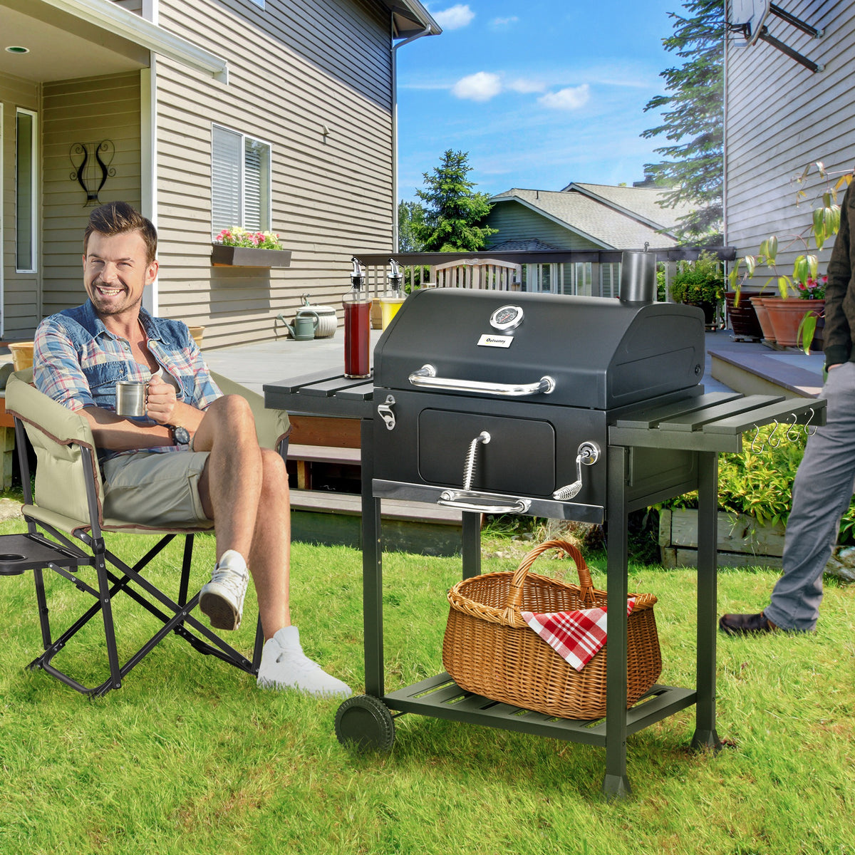 Adjustable Charcoal Pan BBQ, with Thermometer and Warming Rack