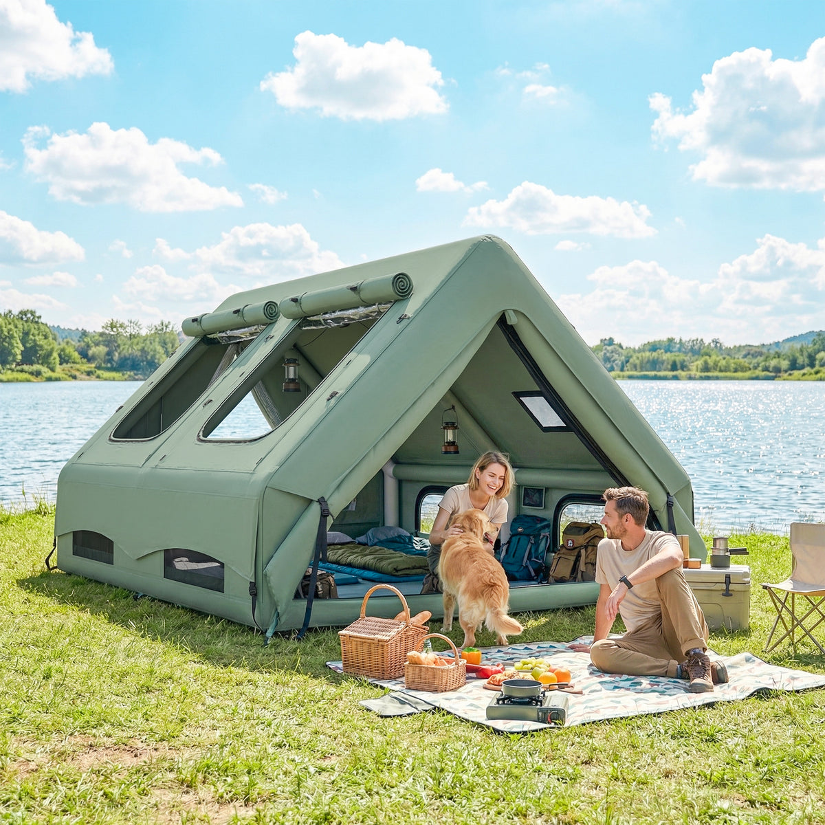 Inflatable Camping Tent, 4 Season Hot Tent 10000mm Waterproof with Chimney Opening, Sky Light and Air Pump, Green