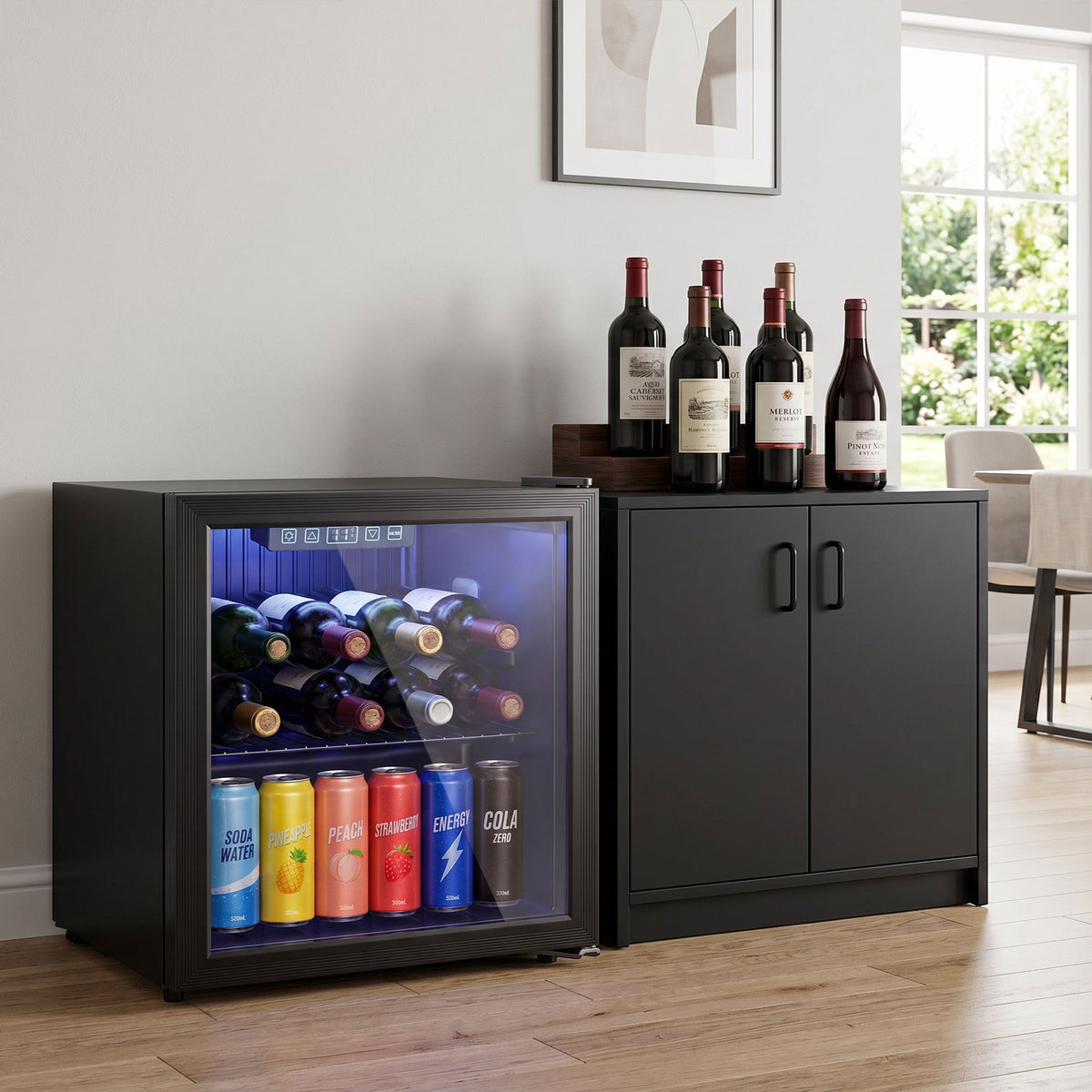 50 L Getränkekühlschrank, Kühler für 48 Dosen mit Doppelglas-Tür, verstellbar Regal, LED-Beleuchtung Schwarz
