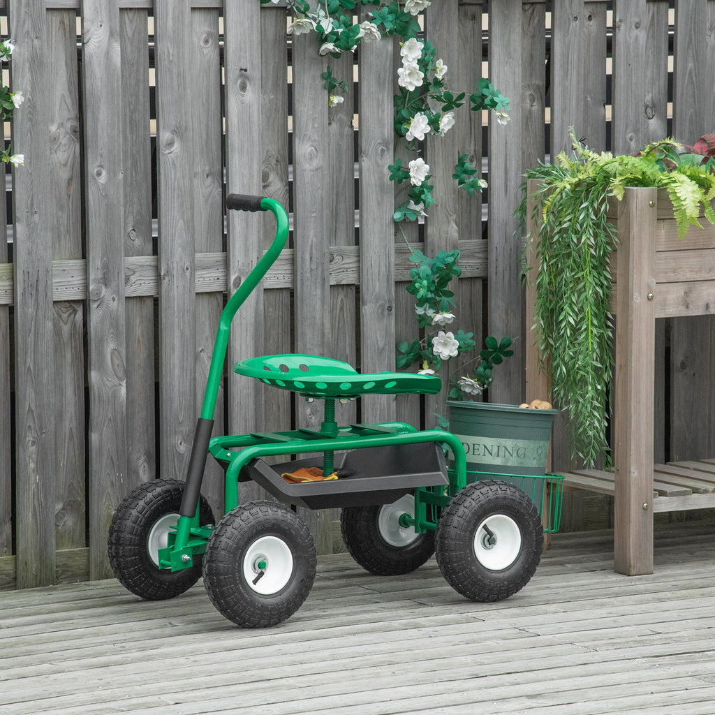 Rollsitz 360 ° drehbar höhenverstellbar Gartenwagen mit Ablagefläche Rollen Griff mobiler Gartensitz drehbar Arbeitssitz Gartenhocker bis 150 kg Metall Gartenrollsitz für Gartenarbeit Grün