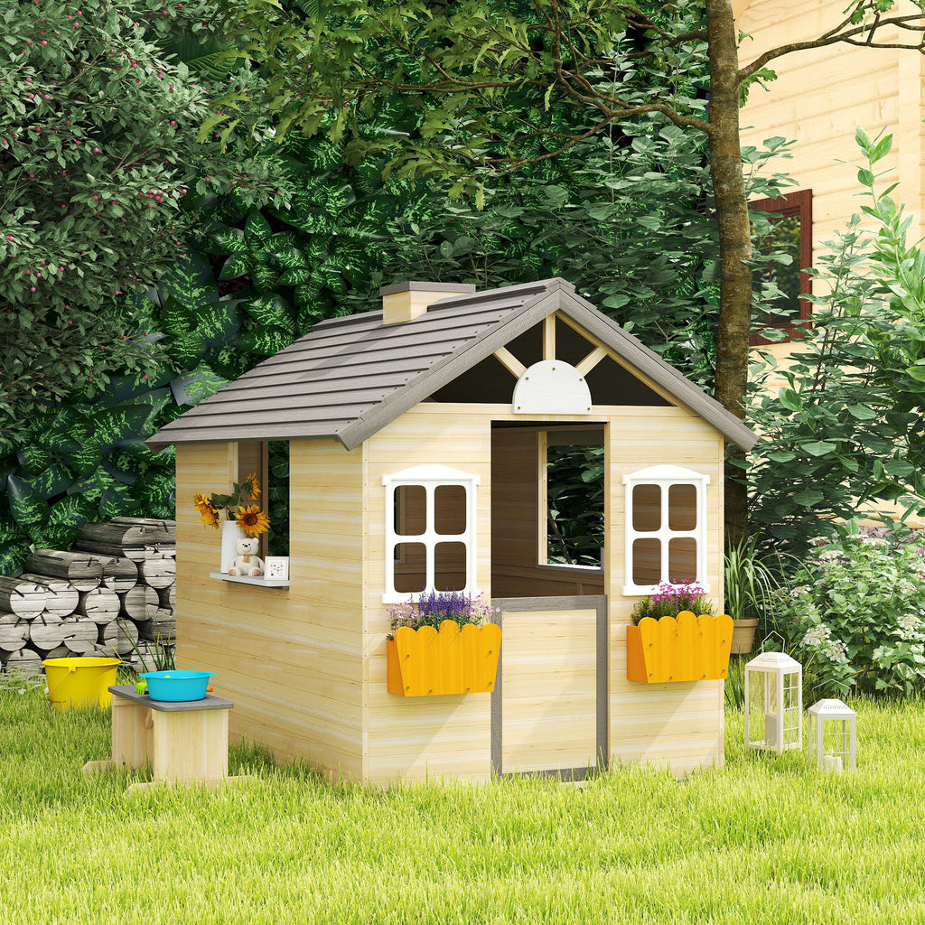 Spielhaus Kinderspielhaus aus Holz mit Tür Fenster Briefkasten Blumentopfrack Gartenhaus für Jungen und Mädchen 3-7 Jahre Kinderspielzeug für Outdoor & Indoor Natur