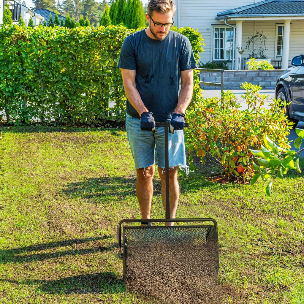Kompoststreuer 75L 61x40cm D¨¹ngerstreuer Rasen Garten mit T-Griff Mesh-Korb Metall Schwarz