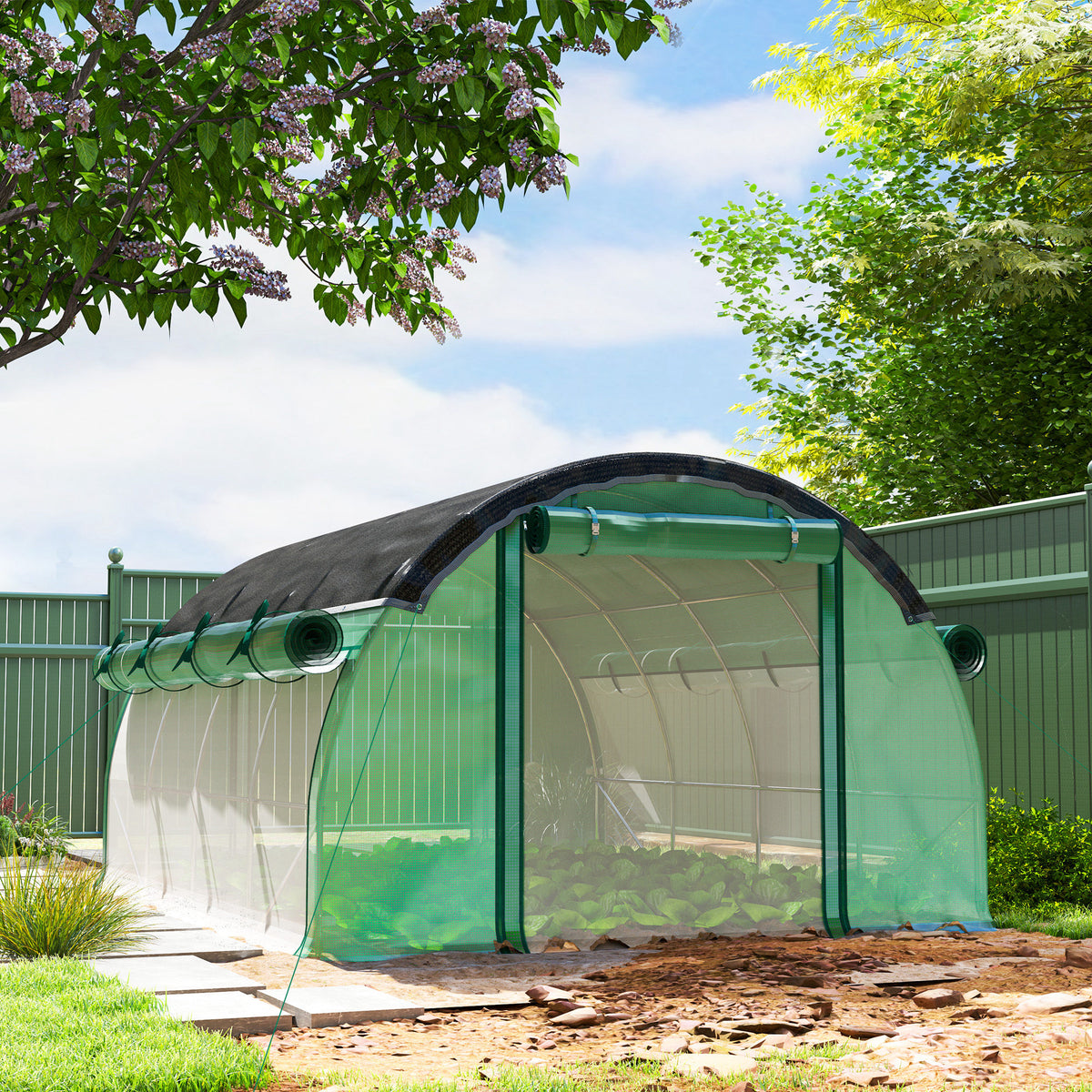 4 x 3 x 2 m Polytunnel-Gewächshaus mit Sonnenschutznetz, rollbaren Seitenwänden, Kunststoff-Abdeckung, Stahlrahmen, Grün