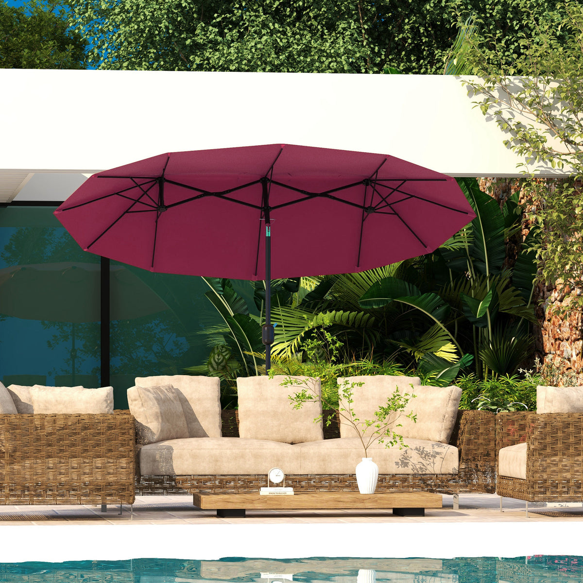 Sonnenschirm, Gartenschirm, neigbar, mit Handkurbel, Winddach, Polyester+Stahl, Weinrot, 295 x 152 cm