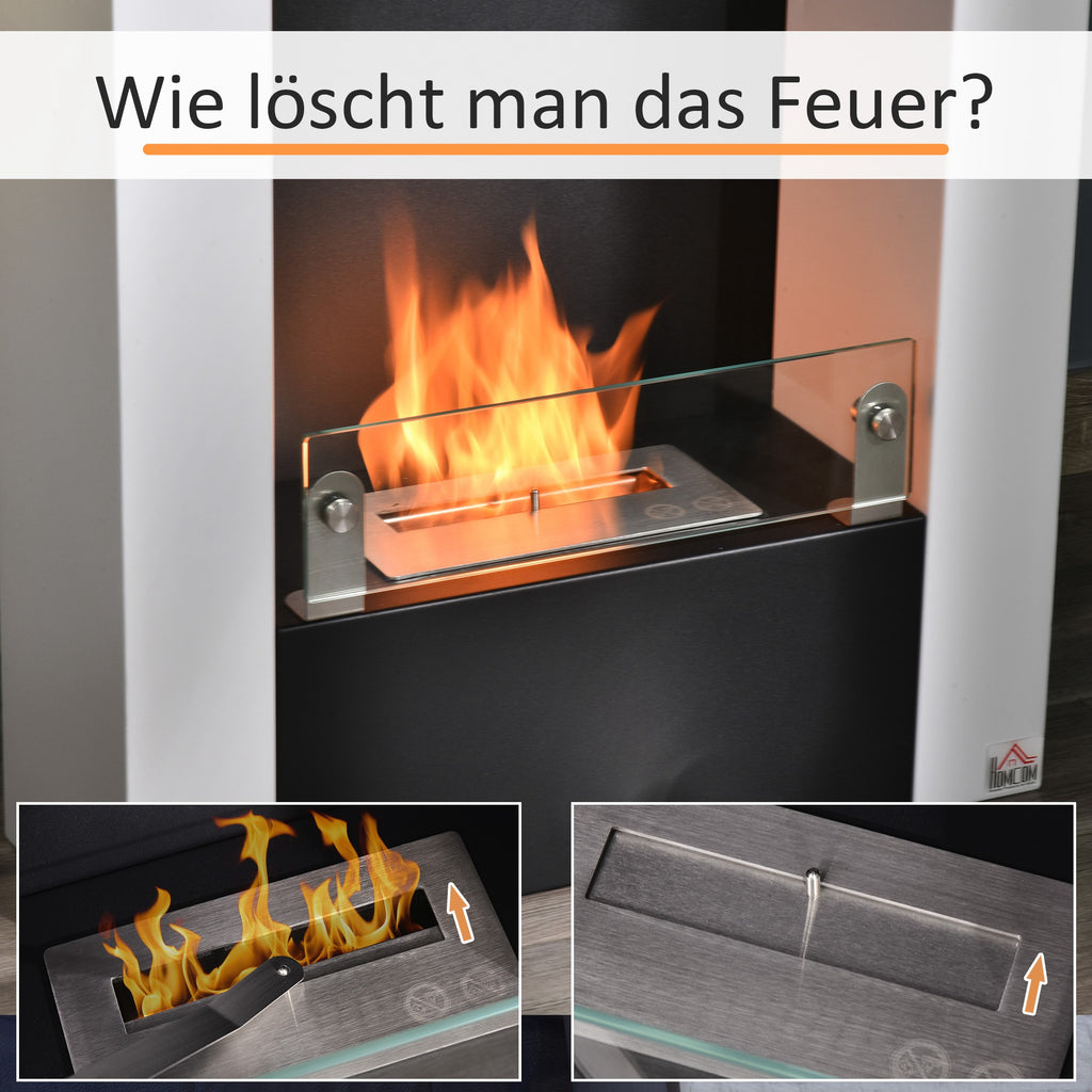 Ethanol-Kamin Bio-Ethanol-Brenner 1993W 1,5L 3 Std. Brenndauer kein Rauch frei stehend Stahl Edelstahl gehärtetes Glas Weiß+Schwarz 60 x 20 x 79 cm