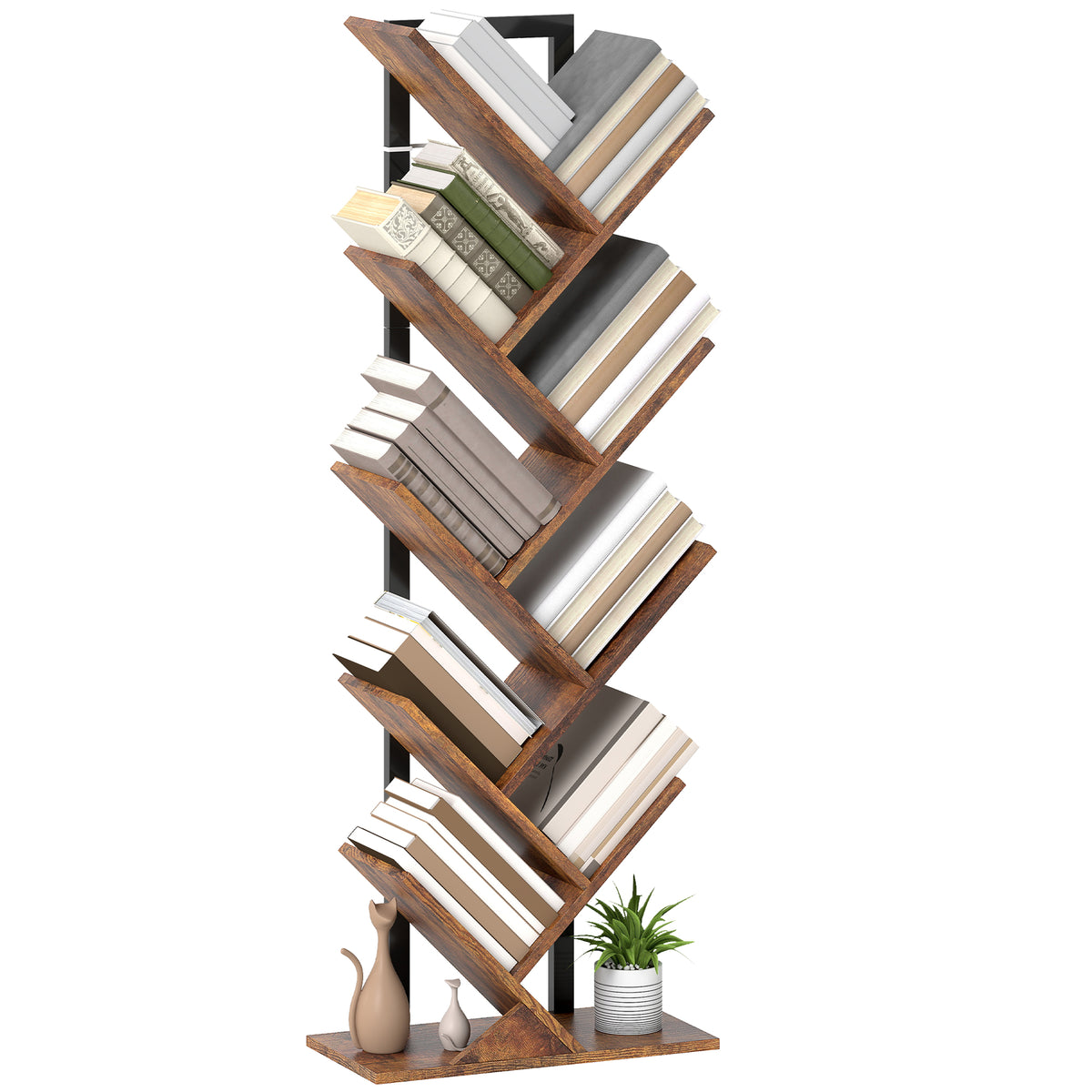 Bücherregal Standregal mit 9 Ebenen Schmal Regal im Baumform für Büro, Rustikal Braun