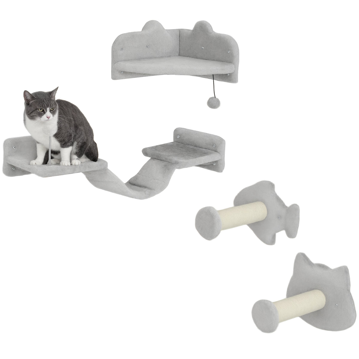 4-Piece Cat Wall Shelves with Steps, Ladder, Jumping Platforms, Light Grey