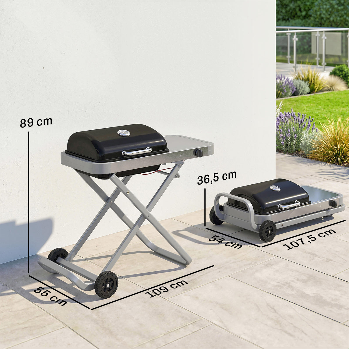 Tragbarer Gasgrill 1-Brenner 2,5kW Grillwagen mit Faltbarem Rollwagen Grillrost Seitentisch Deckel Thermometer