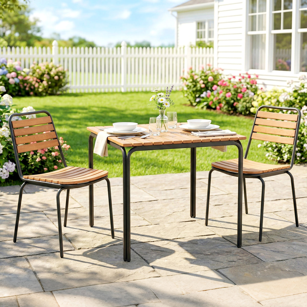 Gartenstuhl 2er Set wetterfest Gartenstühle aus Stahl und Holz Stapelstuhl mit Rückenlehne bis 160kg belastbar Naturholz