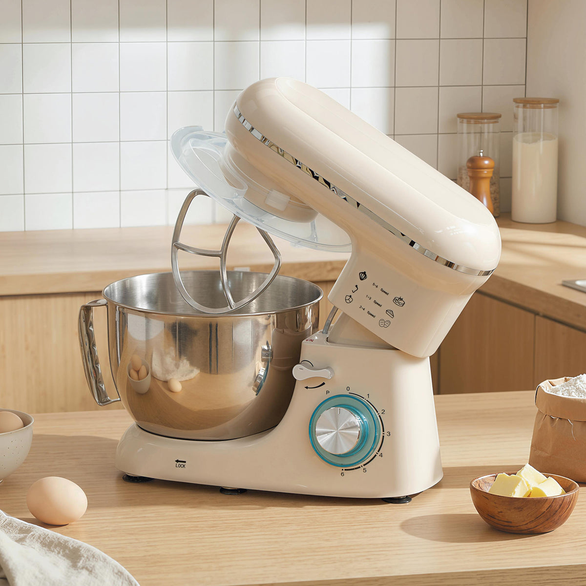 Küchenmaschine Knetmaschine mit 4,5L Edelstahlschüssel 1300W Teigmaschine mit 6+P Geschwindigkeit Beige