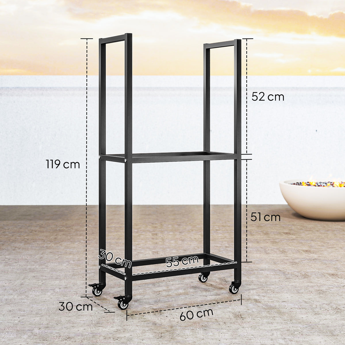 Kaminholzregal für innen Stahl 60 x 30 x 119cm 2 Ebenen Brennholzregal mit Rolle Schwarz
