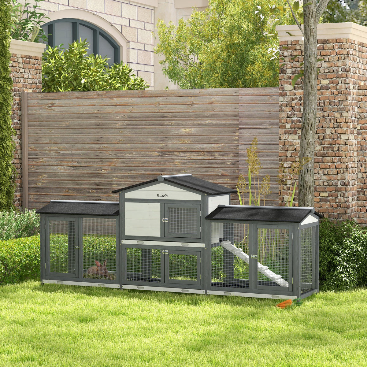2-Tier Large Rabbit Hutch Outdoor with Double Side Run Boxes, No-leak Plastic Tray, Ramp, 230 x 53 x 93.5cm, Light Grey