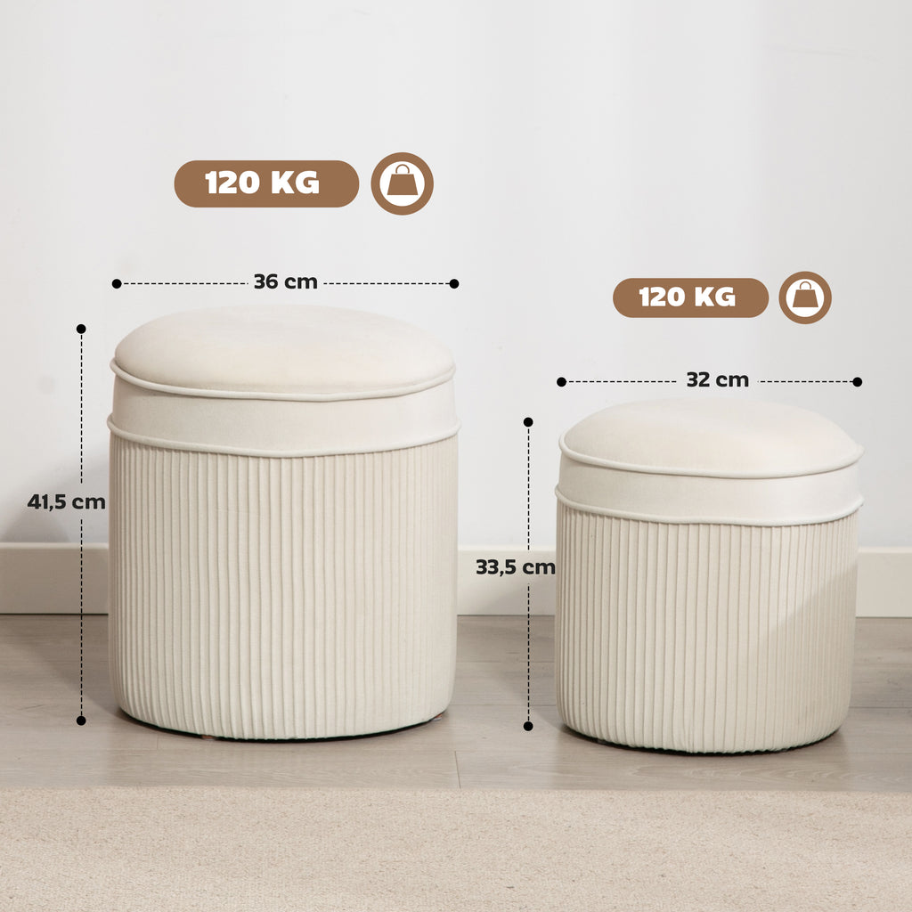 2er Set Sitzhocker mit Stauraum Hocker mit Deckel, Runder Fu?hocker mit Samtoptik 36 x 36 x 41,5 cm Cremewei?