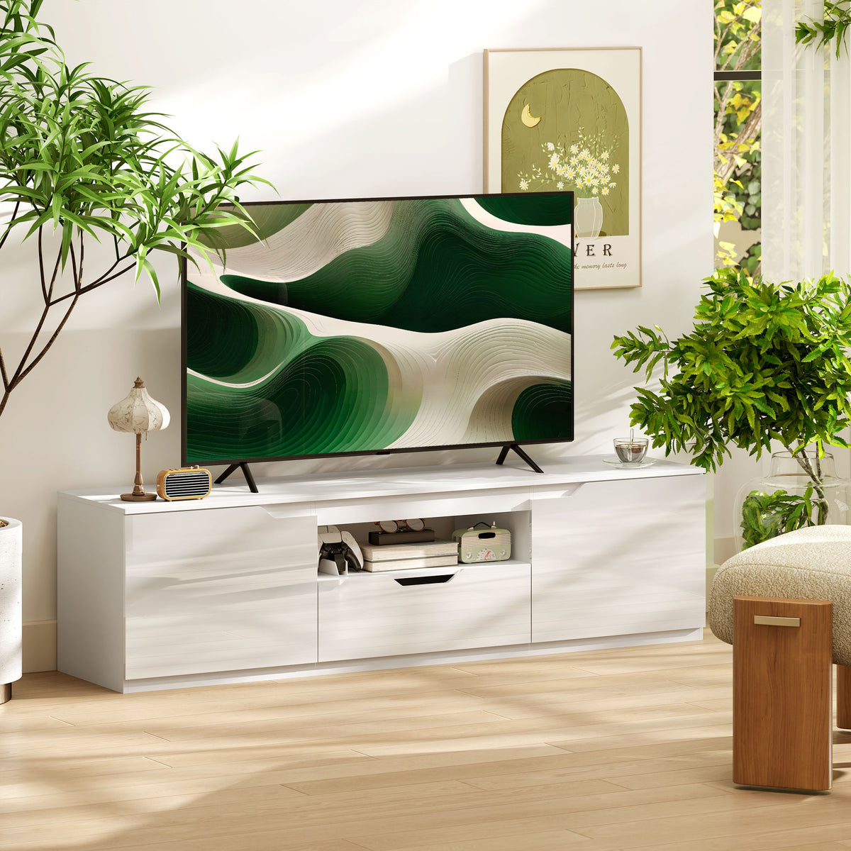 TV-Lowboard, Hochglanz, f¨¹r Fernseher bis 65'', 3 F?cher, Schublade, 160 x 38 x 43 cm, Wei?