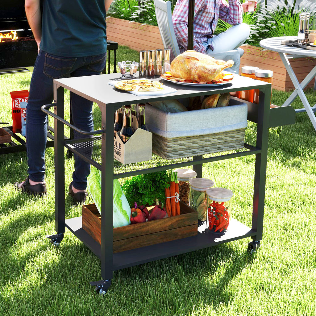 Outdoor-Kücheninsel, Grillwagen mit Aufbewahrungsregal, Griff, 4 Rollen, Küchenwagen, Terrasse, Garten, Metall, Schwarz