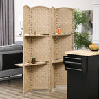 4-teiliger Paravent, 160 x 170 cm, faltbare Trennwand mit 2 Regalen, Naturholz
