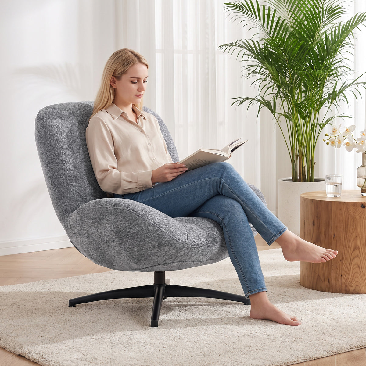 Sessel Wohnzimmer Drehbar Loungesessel mit Breiter Sitzfläche, Integrierter Armlehne, Chenille-Optik, Dunkelgrau