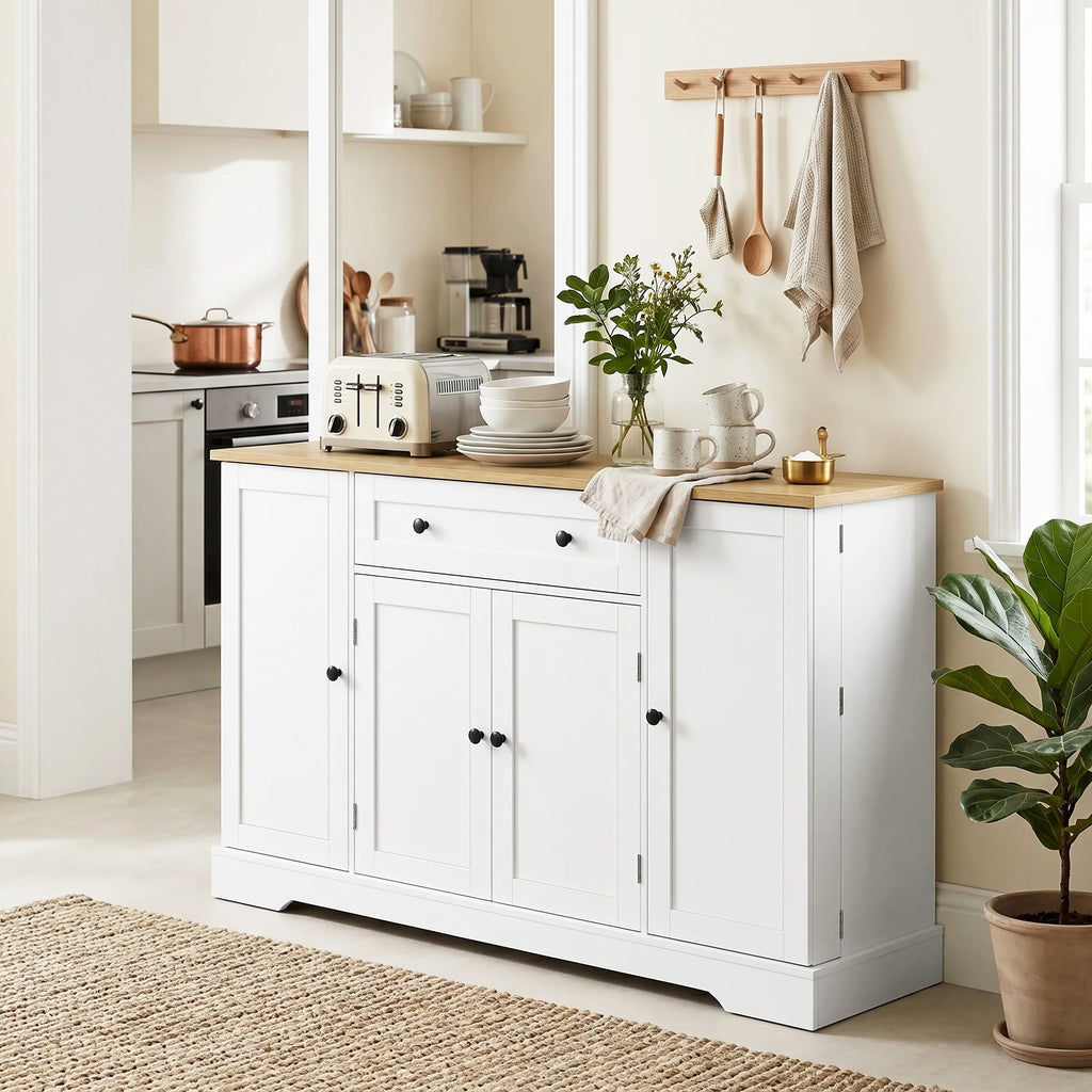 Sideboard Küchenschrank mit 4 Türen, Schublade, Verstellbaren Regal, Türregalen für Küche, Esszimmer, 138x40x85cm, Weiß