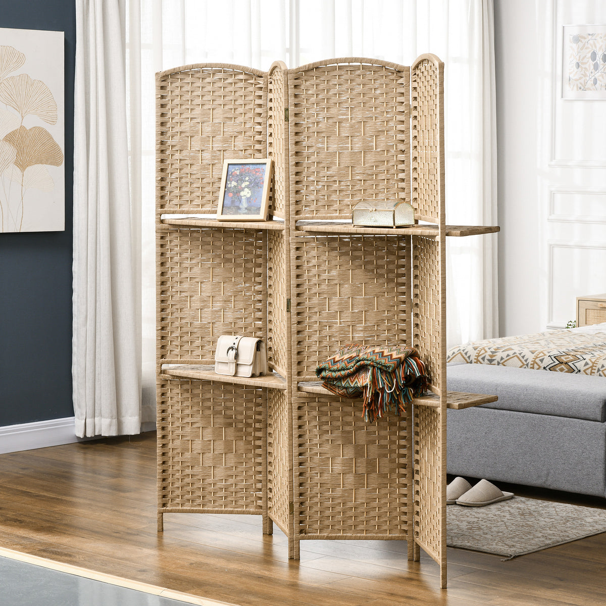 4-teiliger Paravent, 160 x 170 cm, faltbare Trennwand mit 2 Regalen, Naturholz