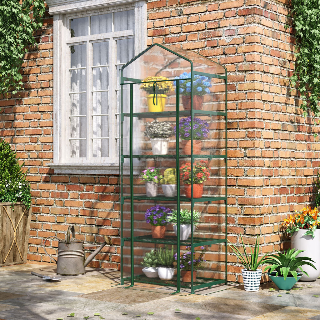  5 Tier Mini Greenhouse, Portable Greenhouse with Reinforced Plastic Cover, Garden Grow House with Roll Up Door and Shelves, 69 x 49 x 193cm, Green